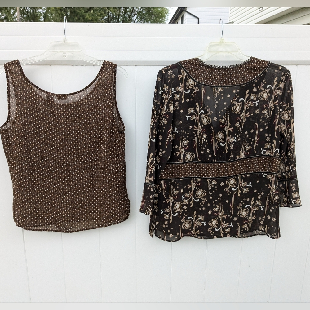 2 Pieces Emma James Blouse & Tank Set Brown Floral Size 16 Business or Dress EUC - Picture 5 of 12